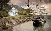 Fotobehang - Vlies Behang - Piratenschip bij Pirateneiland Sepia - 312 x 219 cm