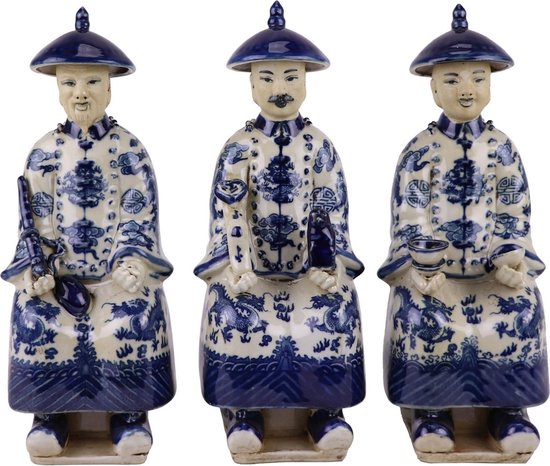 Fine Asianliving Chinese Keizers Zittend Porselein Drie Generaties Blauw Wit Handgeschilderd Set/3 B11xD10xH27cm