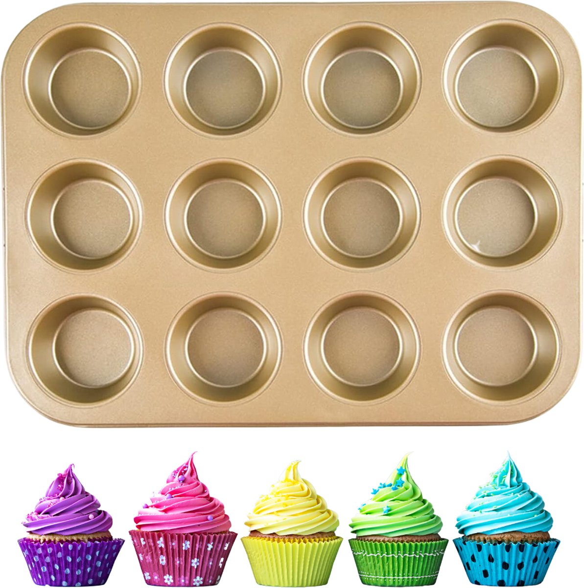 Winkrs® - Bakvorm voor 12 Muffins - Goud - Cupcakevorm - Antiaanbak Vorm voor Cakejes - Bakspullen