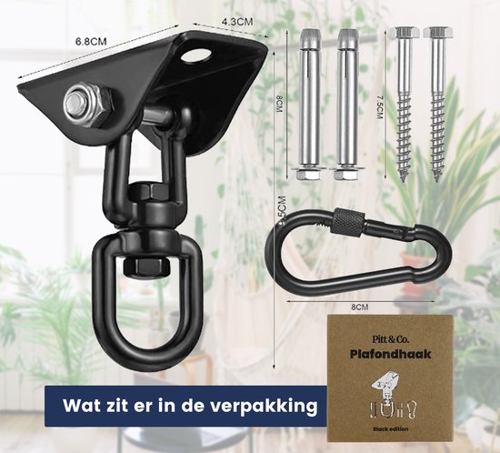 Plafondhaak Zwart – Ophangen bokszak, schommel, schommelstoel en hangstoel – Ophangsysteem – Ophanghaak – Plafondbeugel – Schommelhaak - Ophangbeugel – met Karabijnhaak - RVS – 500kg Draaggewicht