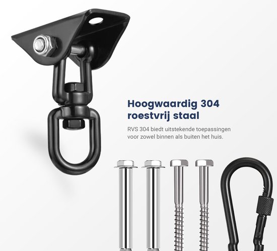Plafondhaak Zwart – Ophangen bokszak, schommel, schommelstoel en hangstoel – Ophangsysteem – Ophanghaak – Plafondbeugel – Schommelhaak - Ophangbeugel – met Karabijnhaak - RVS – 500kg Draaggewicht