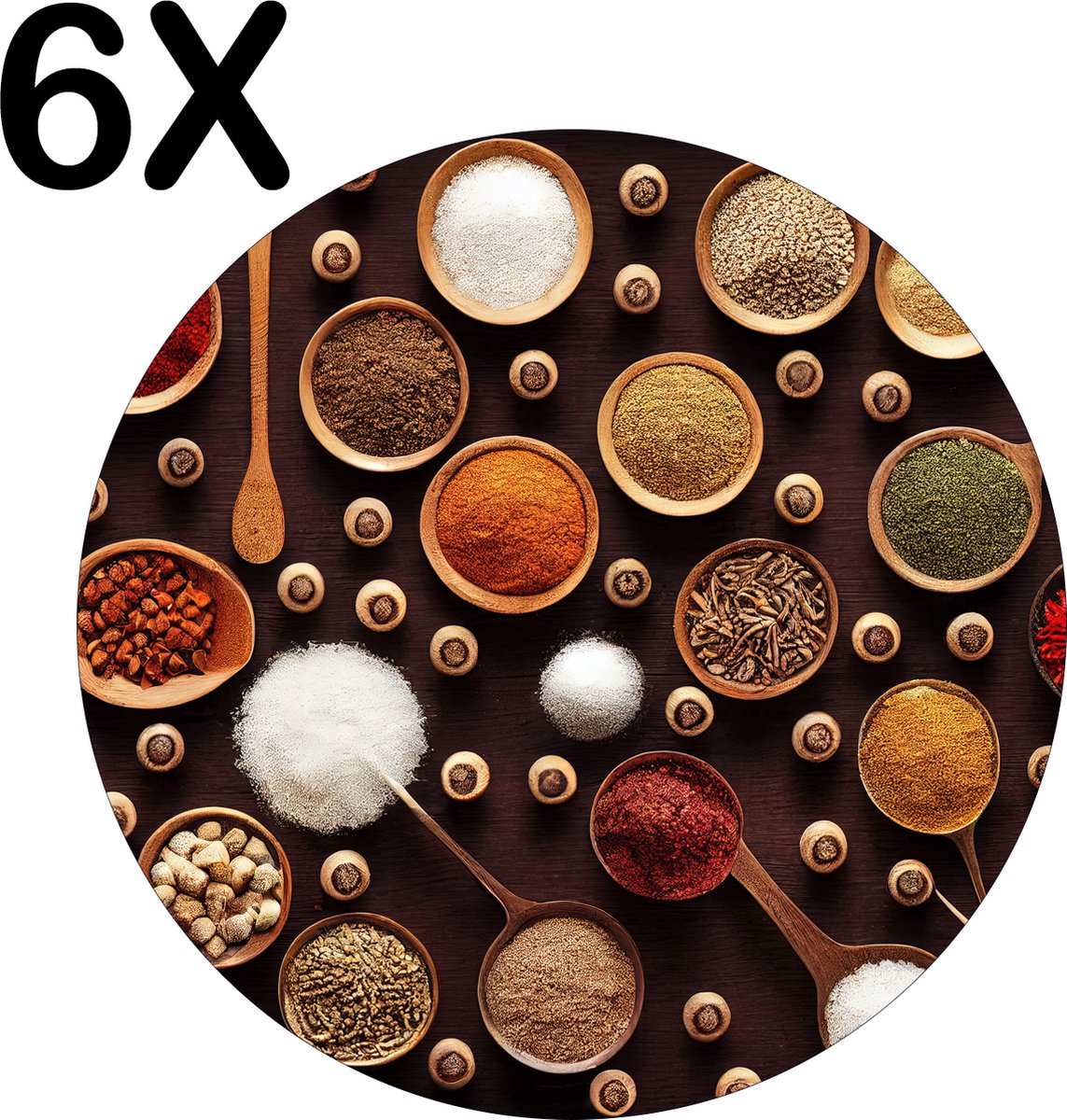 BWK Flexibele Ronde Placemat - Tafel met Kruiden en Specerijen - Set van 6 Placemats - 50x50 cm - PVC Doek - Afneembaar