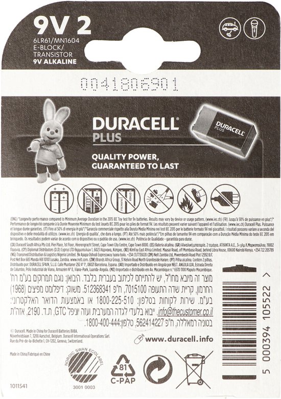 Achterkant van Duracell Plus Power 9V batterij verpakking met pictogrammen en tekst.