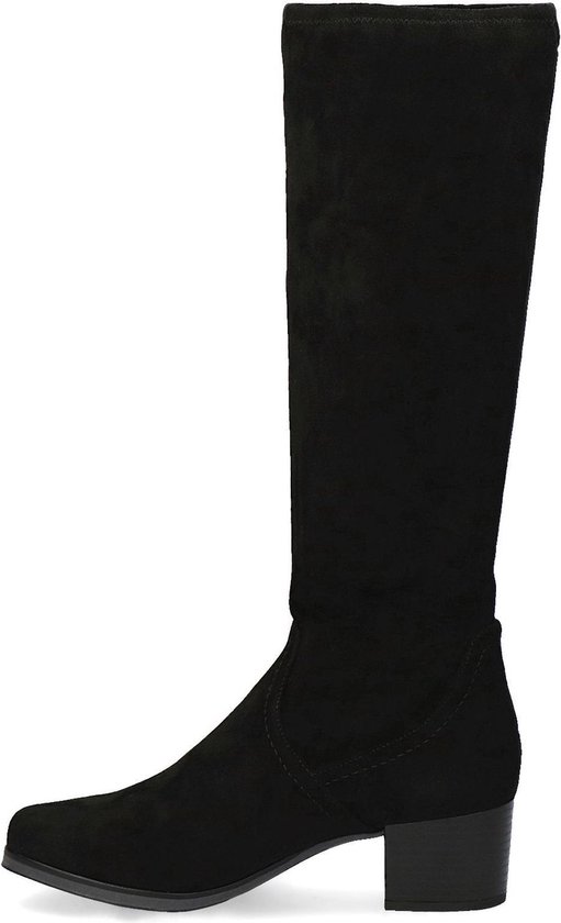 Botte noire haute en stretch avec talon bloc, vue de côté.