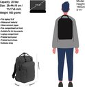 Informatieblad rugzak William 20L met afmetingen, laptopvak en modelillustratie.