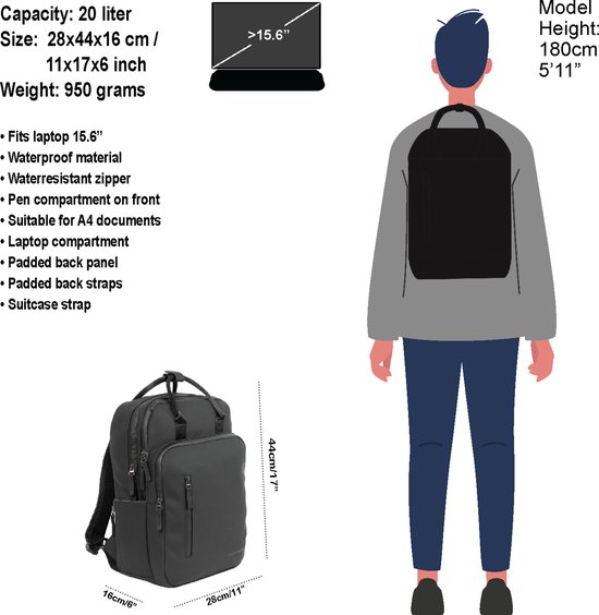 Informatieblad rugzak William 20L met afmetingen, laptopvak en modelillustratie.