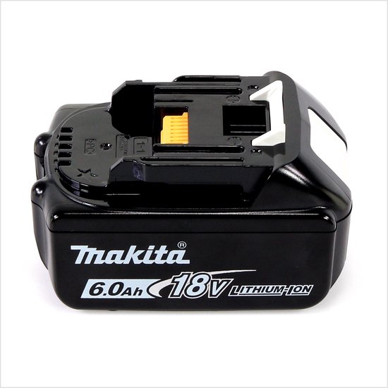 Zwarte Makita 18V 6.0Ah lithium-ion accu met wit en oranje accenten.