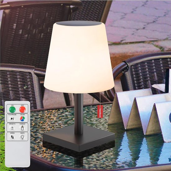 Lampe de table à énergie solaire à intensité variable - Sans fil - Changement de couleur RVB - Rechargeable par USB et énergie solaire - Avec télécommande - Étanchéité IP44