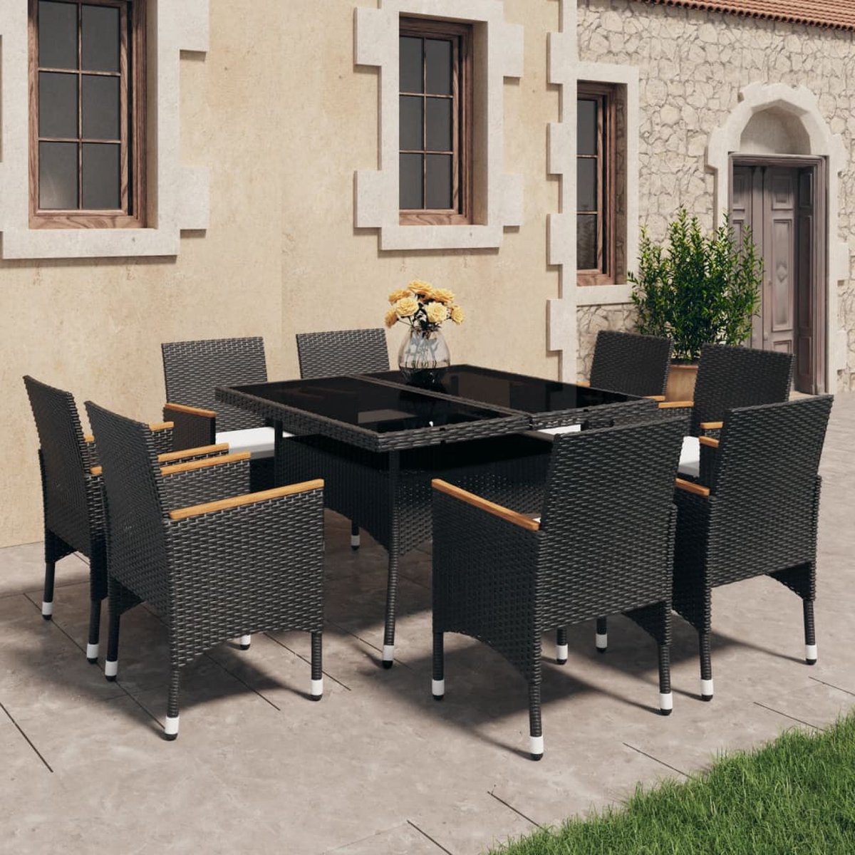 The Living Store 9-delige Tuinset poly rattan en acaciahout zwart - Eetkamerset - Tuinset - Outdoor Dining - Patio Furniture - Acacia Wood