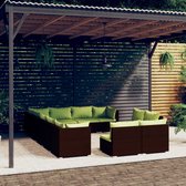 The Living Store Loungeset - Poly Rattan - 12-delig - Bruin - Groene kussens