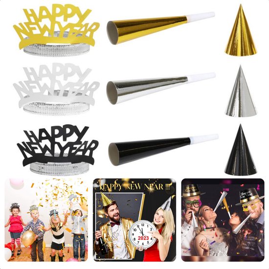 Partyset Happy New Year - 20 delig - 5 Tiaras, 5 Feesthoedjes, 10 Toeters - Goud, Zwart, Zilver - Feestaccessoires - Gelukkig Nieuwjaar - Feest - Decoratie - Inclusief EBOOK