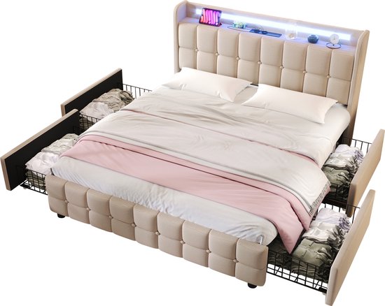 Merax Gestoffeerd Tweepersoonsbed 180 x 200 cm met Opbergruimte - Bed met USB en LED Verlichting - Beige