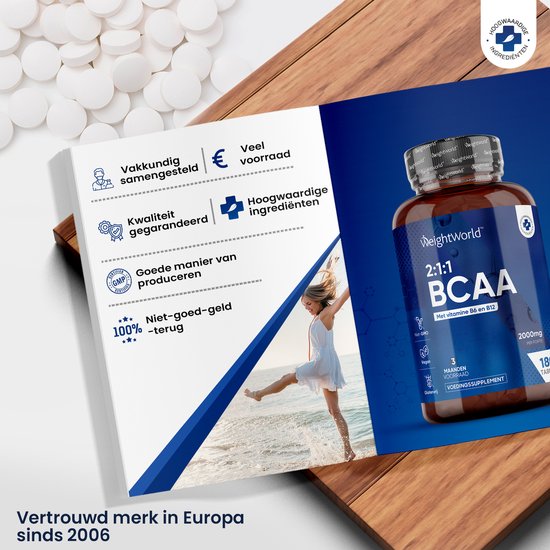 WeightWorld BCAA tabletten - 180 BCAA pillen voor 3 maanden - 2000 mg - Met aminozuren L-leucine, L-isoleucine en L-valine - Vegan - Weight World