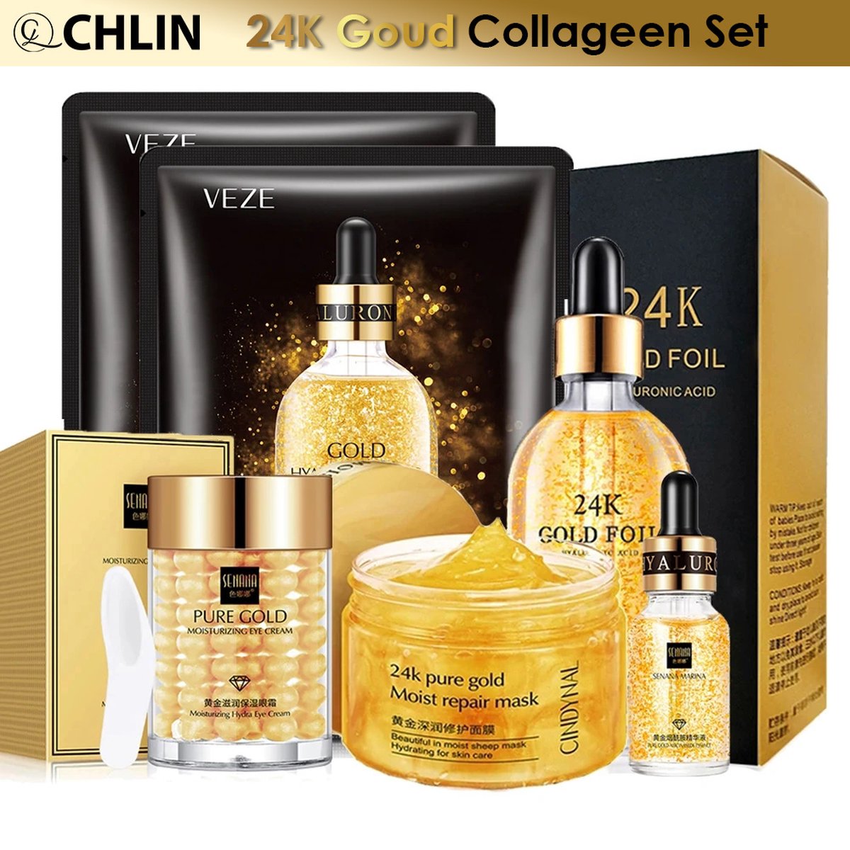 CL CHLIN® Koreaanse 24k Goud Collageen lifting anti rimpel set - anti rimpel serum - gezichtsserum - Hyaluronzuur - Tegen Pigmentvlekken- anti acne- cadeau set - kerstcadeau