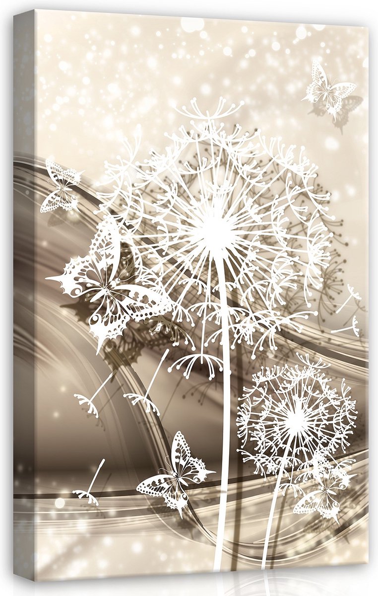 Canvas Schilderij - Bloemen - Vlinders - Paardenbloem - Planten - Inclusief Frame - 60x40cm (lxb) - Wit Canvas