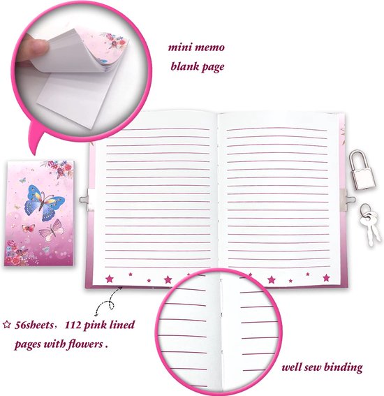 Journal Intime Avec Serrure Pour Filles - Carnet A5 162 Pages + Stylo Et Autocollants - Cadeau 7-14 Ans