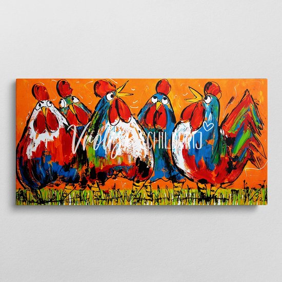 5 Kakelende kippen | Vrolijk Schilderij | 100x50cm | Dikte 4 cm | Canvas schilderijen woonkamer | Wanddecoratie | Schilderij op canvas | Kunst | Corrie Leushuis