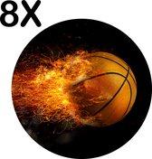 BWK Luxe Ronde Placemat - Vlammende Basketball - Set van 8 Placemats - 40x40 cm - 2 mm dik Vinyl - Anti Slip - Afneembaar