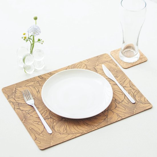 Placemats, afwasbaar, van kurk, placemat en onderzetters, set van 4