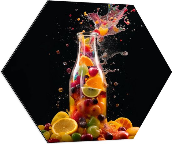 Dibond Hexagon - Fles - Eten - Fruit - Spetters - Kleuren - 70x60.9 cm Foto op Hexagon (Met Ophangsysteem)