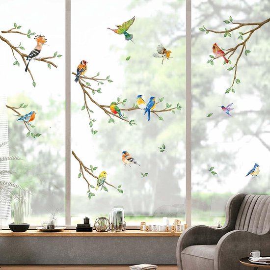 Arbre d'été avec branche fenêtre s'accroche Stickers muraux double face anti-collision colibris monde des oiseaux autocollants de fenêtre Portes de fenêtre en Glas autocollants de fenêtre