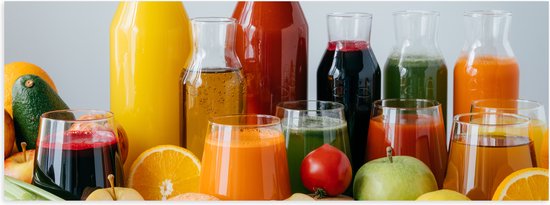 Poster Glanzend – Eten - Fruit - Glazen - Flessen - Kleuren - 60x20 cm Foto op Posterpapier met Glanzende Afwerking