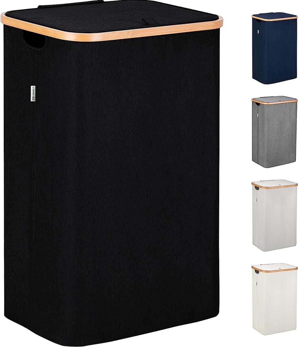Zwarte wasmanden met deksel - XL 100 L - Grote wasmand voor wasgoed met handgrepen - Manden met deksel voor slaapkamers - Bamboe badkamer hoge wasmand
