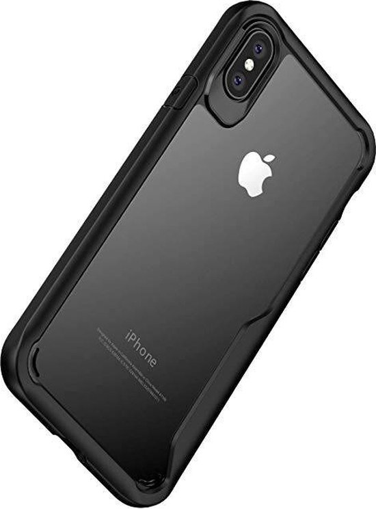 Transparante hoes met zwarte, verstevigde randen voor de iPhone met Apple logo, in hoek van 45 graden.