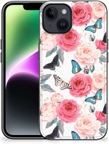 Telefoontas Geschikt voor iPhone 15 Smartphone Hoesje met Zwarte rand Butterfly Roses