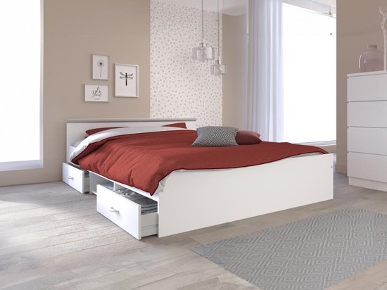 Bed met opbergruimte 140 x 190 cm - 2 lades en 1 opbergvak - Kleur: wit + onderbed + matras - PABLO L 145.8 cm x H 58.9 cm x D 193 cm