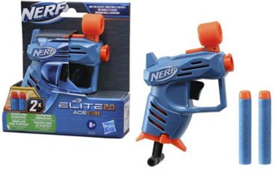 Nerf Elite 2.0 Ace SD-1 blaster en verpakking, met 2 blauwe pijltjes met oranje punt.