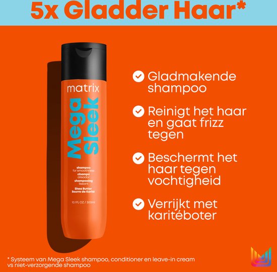Matrix Mega Sleek shampooing lissant, 300ml, dans une bouteille orange avec un bouchon noir. Avec texte "5x Gladder Haar".