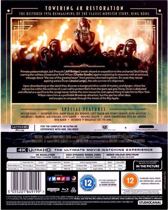 De achterkant van de King Kong 4K Ultra HD Blu-ray hoes met filminfo, speciale extra's en 4K-functies.