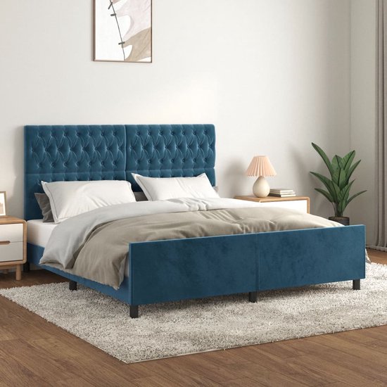 The Living Store Bedframe met hoofdeinde fluweel donkerblauw 180x200 cm - Bed