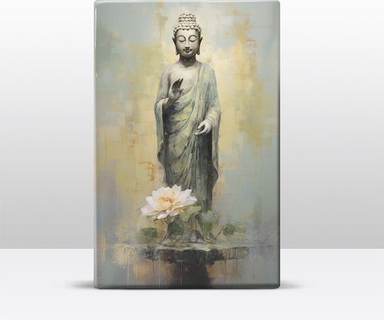 Buddha met bloemen - Laqueprint - 19,5 x 30 cm - Niet van echt te onderscheiden handgelakt schilderijtje op hout - Mooier dan een print op canvas. - LW510