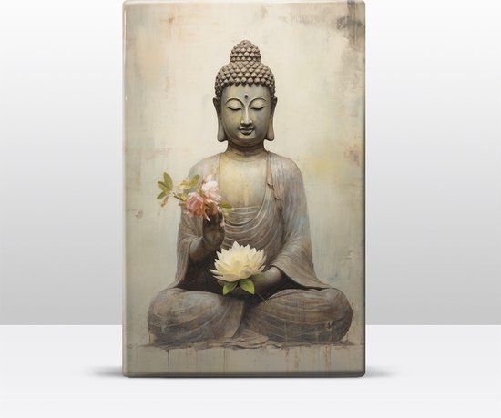 Buddha met bloemen - Mini Laqueprint - 9,6 x 14,7 cm - Niet van echt te onderscheiden handgelakt schilderijtje op hout - Mooier dan een print op canvas. - LWS532