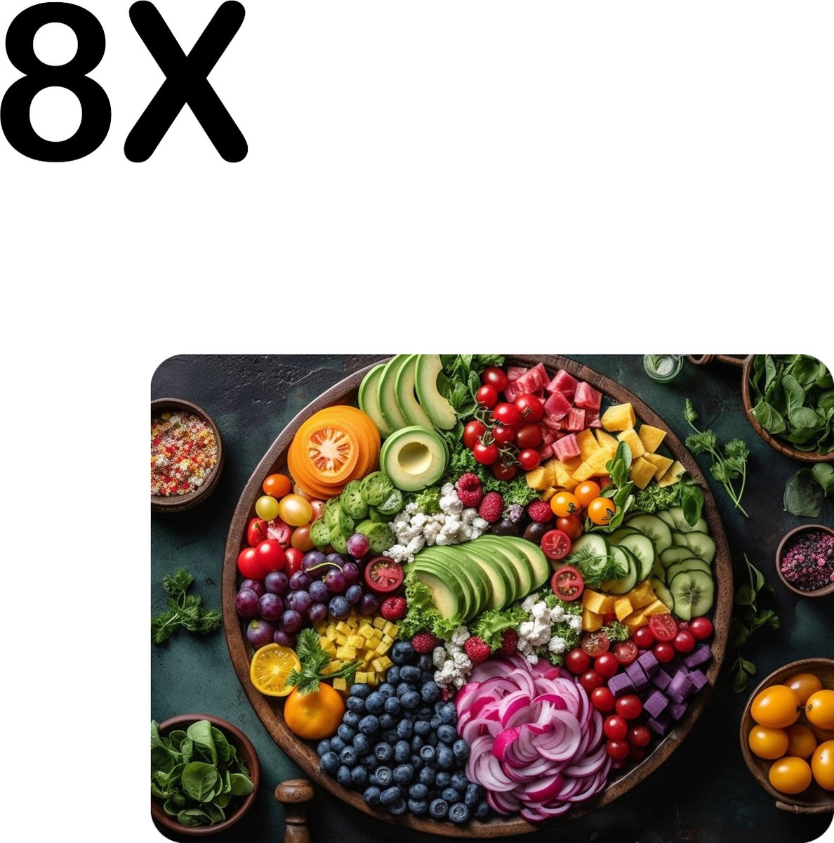 BWK Flexibele Placemat - Groente en Fruit in Kleine Stukjes - Set van 8 Placemats - 35x25 cm - PVC Doek - Afneembaar