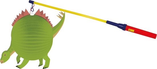 Een groene dinosaurus lampion met rode stekels, hangend aan een lampionstokje.