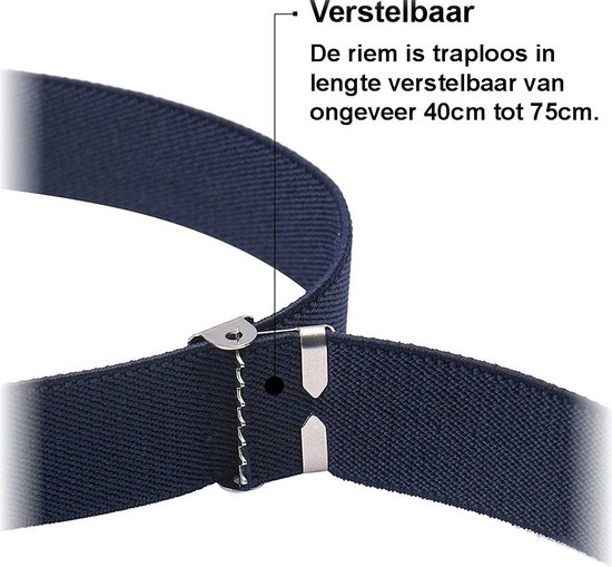 Donkerblauwe elastische riem, verstelbaar van 40cm tot 75cm. Metalen clips met tanden voor bevestiging.