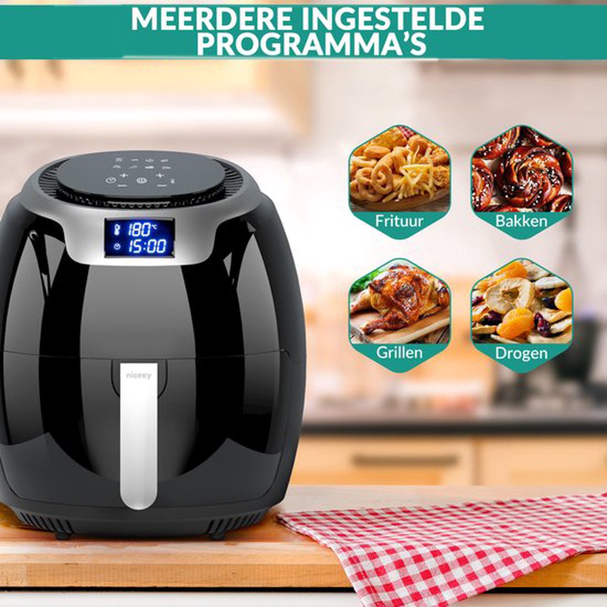 Niceey Airfryer XXL - Heteluchtfriteuse - 1800W - 8,0L - Incl. Kookboek - Zwart thumbnail 7
