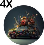 BWK Flexibele Ronde Placemat - Kustige Bloemen Auto - Set van 4 Placemats - 40x40 cm - PVC Doek - Afneembaar