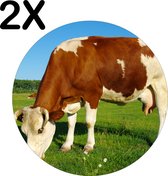 BWK Luxe Ronde Placemat - Bruin met Witte Koe Grazend in het Gras - Set van 2 Placemats - 40x40 cm - 2 mm dik Vinyl - Anti Slip - Afneembaar