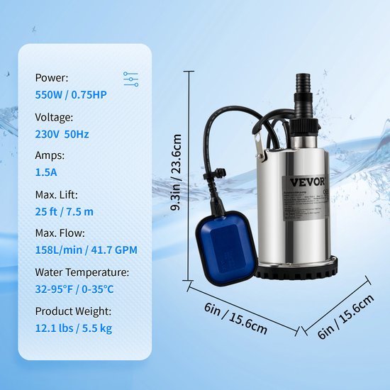 VEVOR Dompelpomp 500W-Automatisch Vuilwaterpomp IPX8-Ontwateringspomp met 10 m Lange Voedingskabel-voor het Verpompen van Water uit Zwembaden, Kelders, Vijvers van Vevor — afbeelding 3