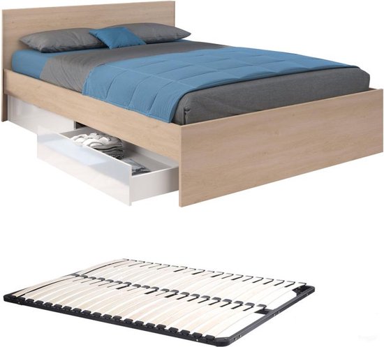 Bed met 2 laden 160 x 200 cm - Kleur: naturel en glanzend wit + lattenbodem - VELONA L 164.4 cm x H 82.6 cm x D 203.6 cm