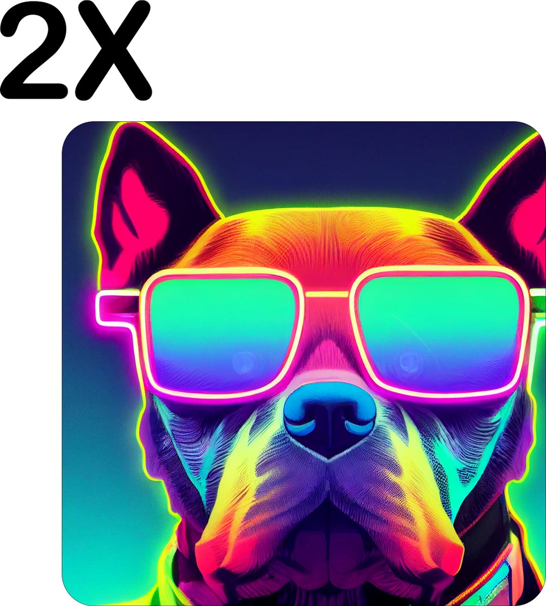 BWK Stevige Placemat - Hond met Zonnebril in Neon Kleuren - Set van 2 Placemats - 50x50 cm - 1 mm dik Polystyreen - Afneembaar
