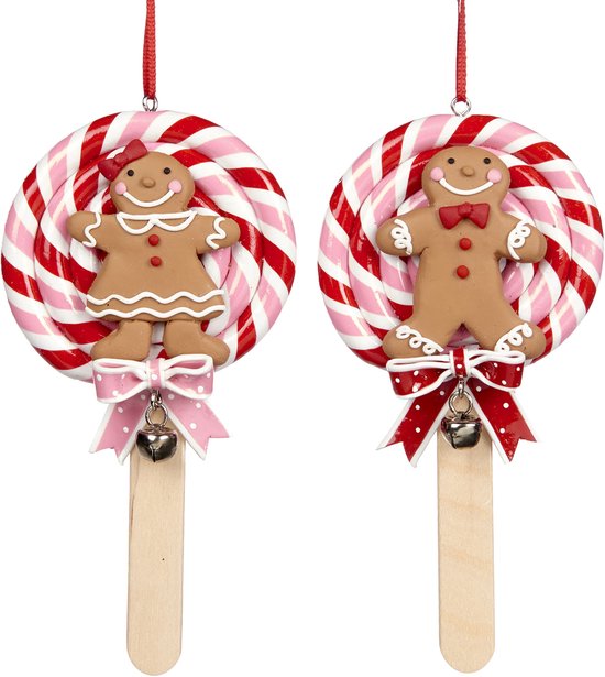 Viv! Christmas Kerstornament - Gingerbread lollies - set van 2 - roze rood bruin - 14cm