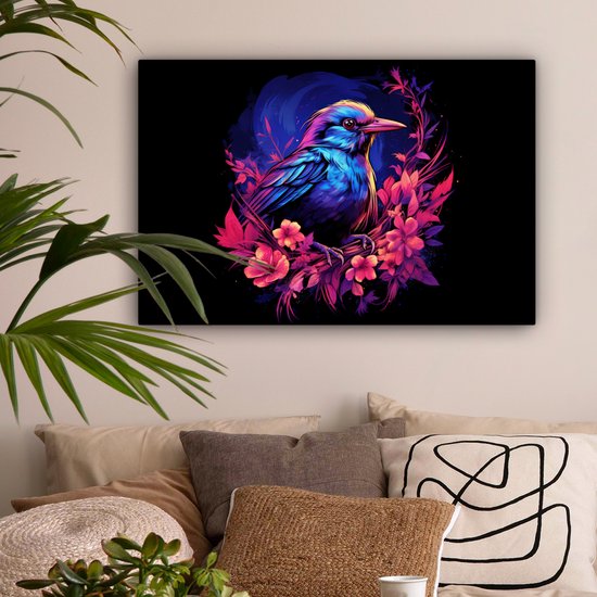 Peinture sur toile Rétro - Vogel - Fleurs - Zwart - Rose - Blauw - Animaux - 90x60 cm - Décoration murale