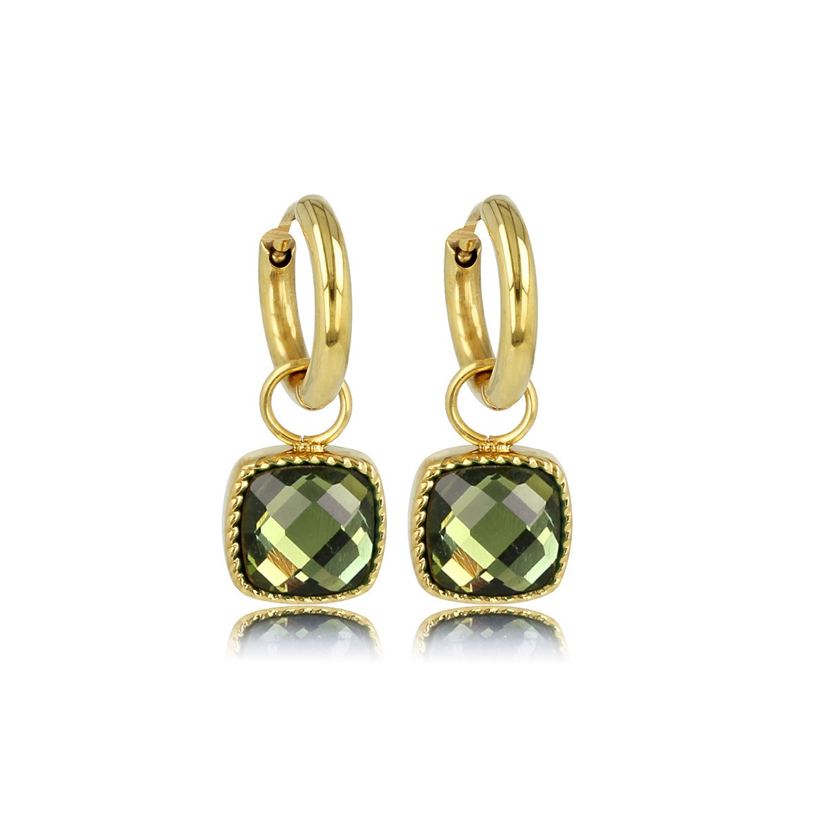 My Bendel - Stijlvolle Goudkleurige Oorring met Groene Glassteen 30 Mm - Elegante Goudkleurige Oorringen met Groene Glassteen - met Luxe Cadeauverpakking | Sieraden Voor Dames