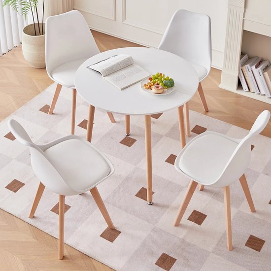 ShopbijStef - Lot de 4 Chaises de salle à manger - Ensemble de chaises - Table de salle à manger - Table de salle à manger ronde - 80 x 80 x 75 cm - Wit
