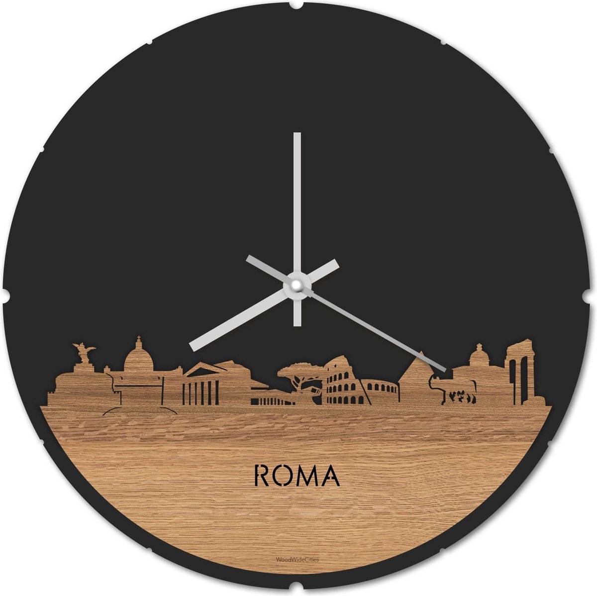 Skyline Klok Rond Rome Eikenhout - Ø 44 cm - Stil uurwerk - Wanddecoratie - Meer steden beschikbaar - Woonkamer idee - Woondecoratie - City Art - Steden kunst - Cadeau voor hem - Cadeau voor haar - Jubileum - Trouwerij - Housewarming - WoodWideCities